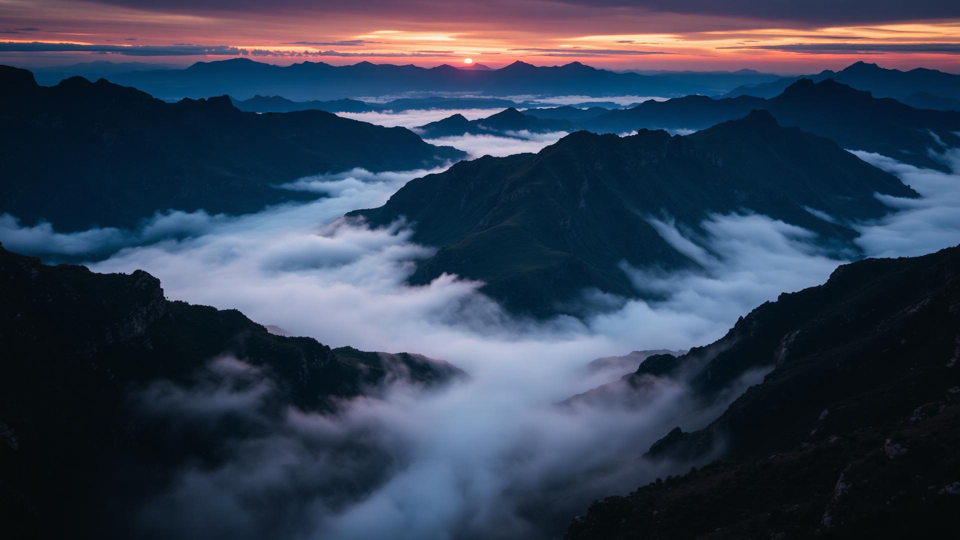 Mountain valley filled with cloud at dawn